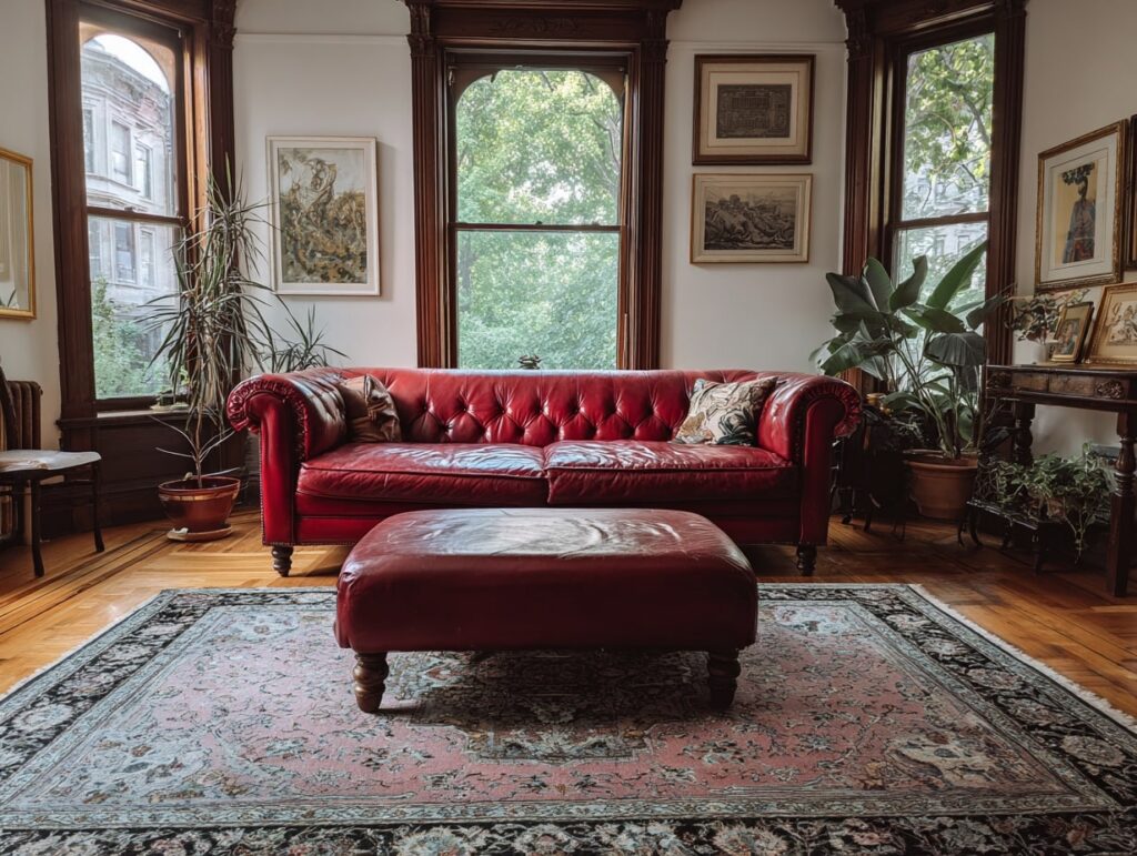 Red Chesterfield Sofa with Vintage Rug

