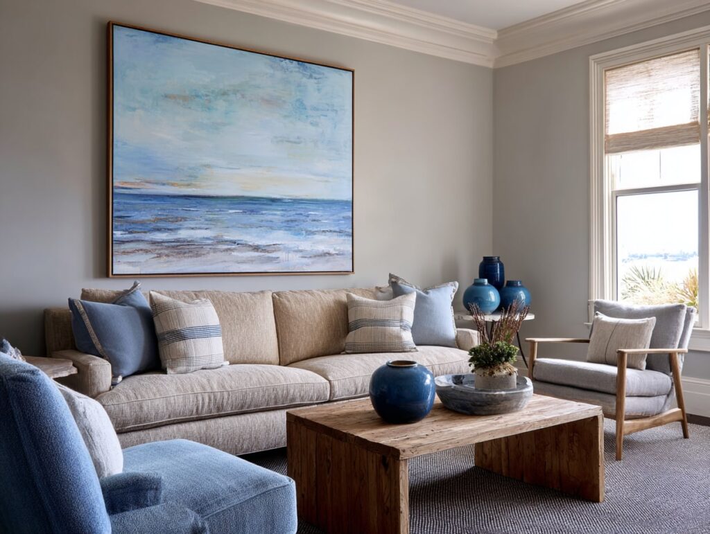 Coastal Beige Living with Blue Accents

