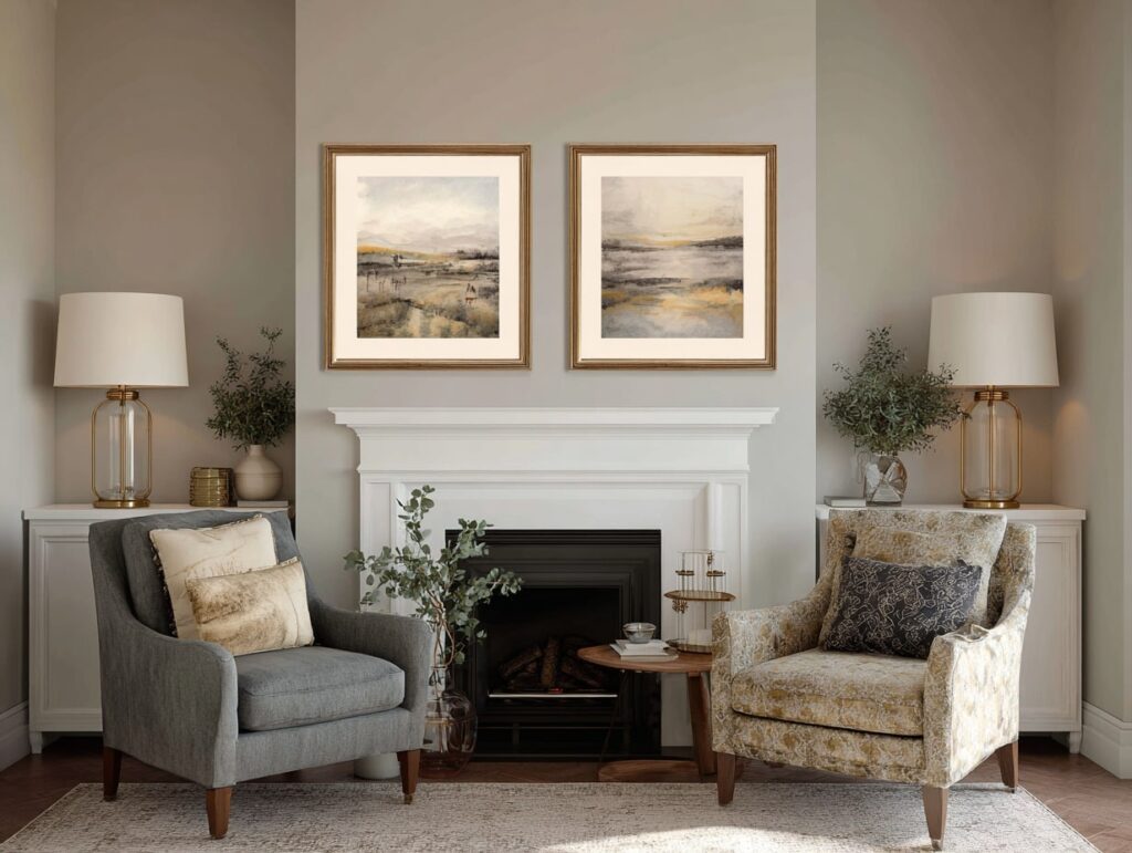 Cozy Fireplace Seating with Art Accents